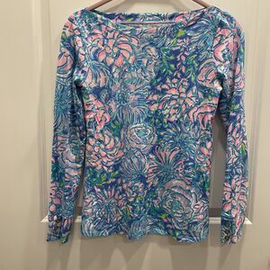 Lilly Pulitzer Shirt Womens Small Blue Pink Floral Long Sleeve Buttons Preppy